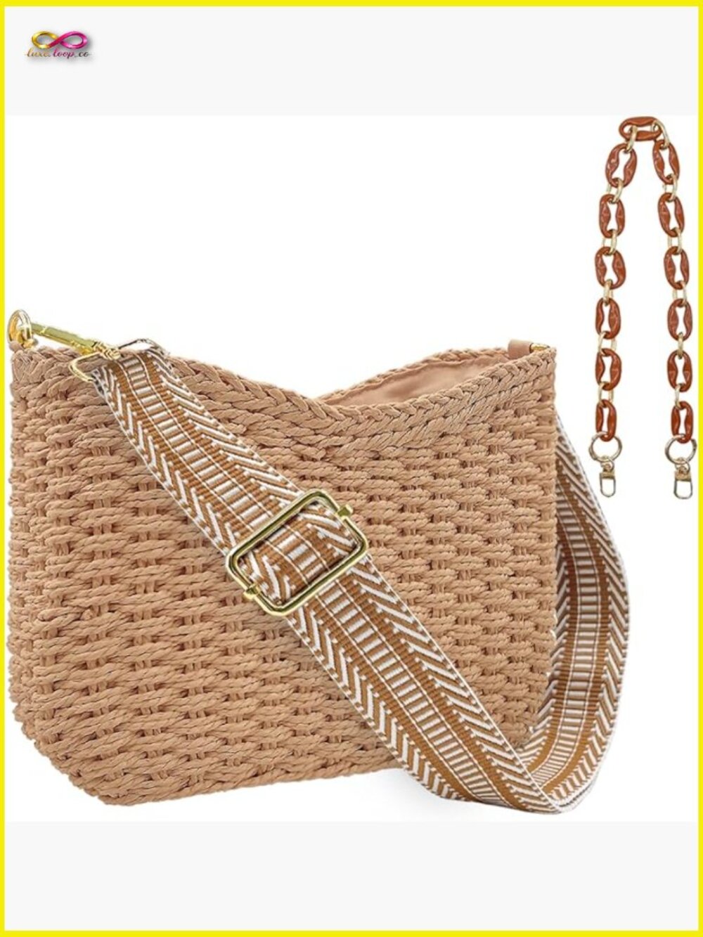 Straw Crossbody Bag Woven Shoulder Purse Beach Tote Summer Vacation Chain Strap - Picture 1 of 7
